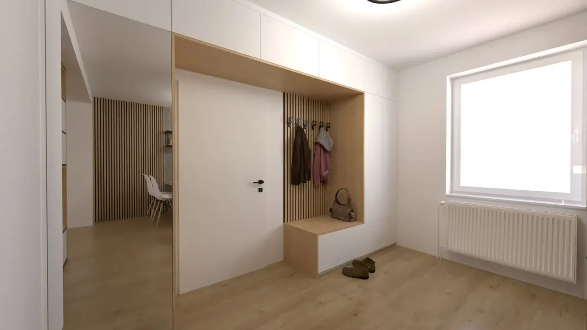 Vstupní prostor s vestavěnou skříní, zrcadlem a lavicí na boty