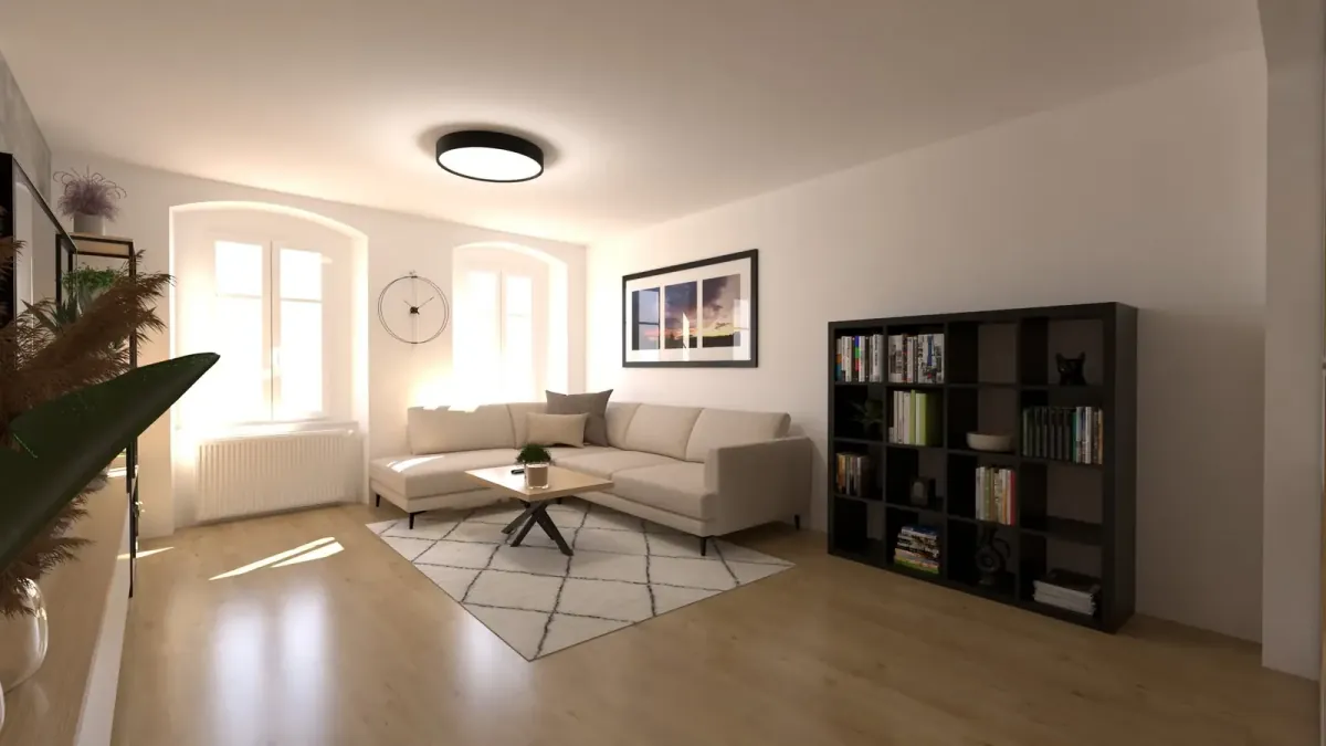 Průhled chodbou kolem regálu směrem k obývacímu pokoji